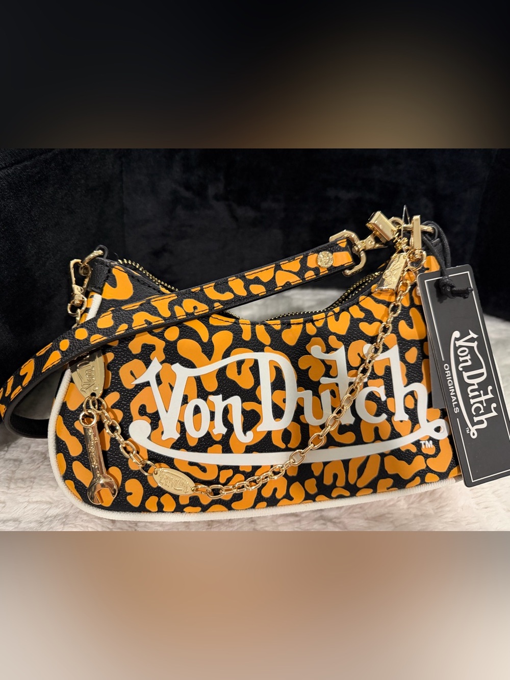 NWT - Von Dutch Orange & Black Cheetah Print Shoulder Bag with Gold Chain